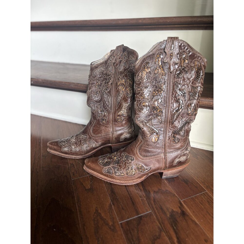 Twisted X Western Brown Python Inlay Leather Boot… - image 3